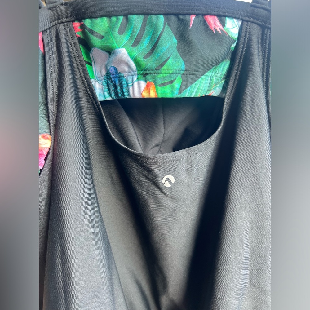 🌺🆕 Next Double Up Tankini Top Blue Hawaii Tropical Floral Black Straps Size 34DD - Picture 5 of 12
